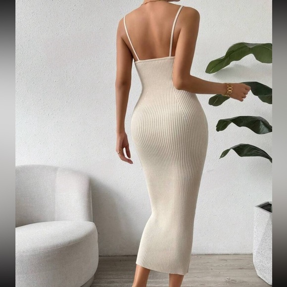 Basic Split Rib-Knit Spaghetti Strap Casual Tank Top Sweater Dress Apricot - Picture 2 of 5